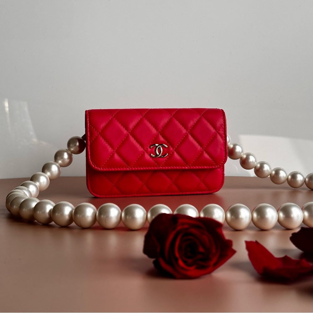 2020 CHANEL MAXI PEARLS MINI FLAP DARK PINK CALFSKIN LIGHT GOLD HARDWARE